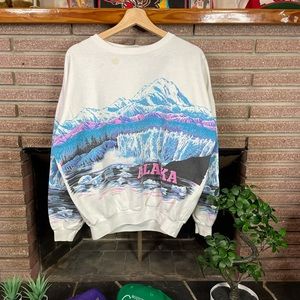 Vintage 1990 Alaska Nature Art All Over Print Sweatshirt One Size Fits L